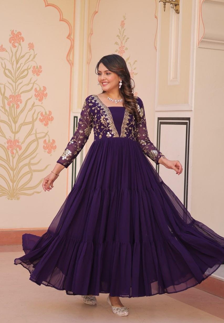 Elegant Maroon Embroidered Floor-Length Gown