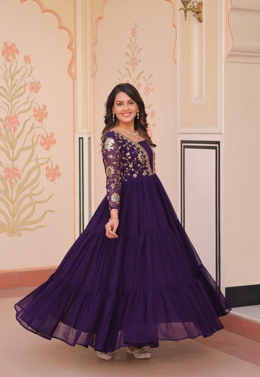 Elegant Maroon Embroidered Floor-Length Gown