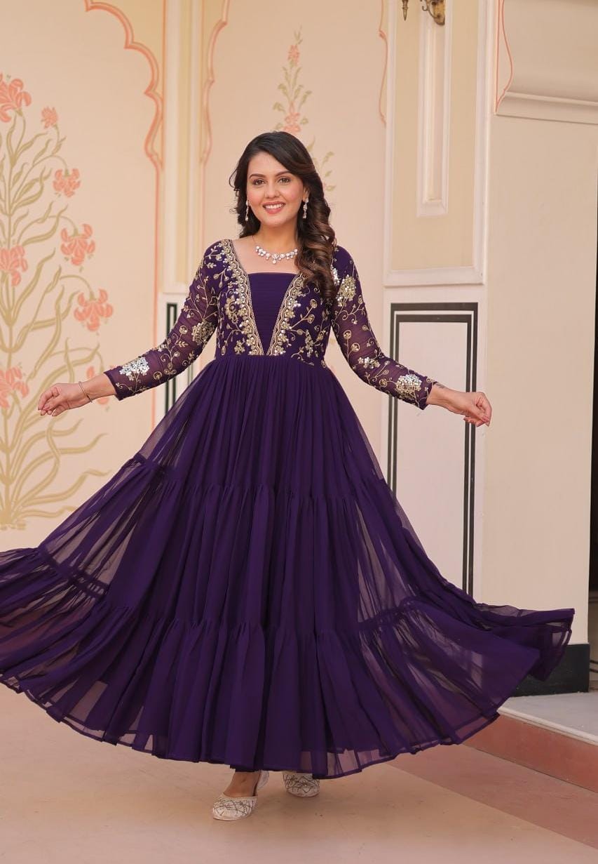 Elegant Maroon Embroidered Floor-Length Gown
