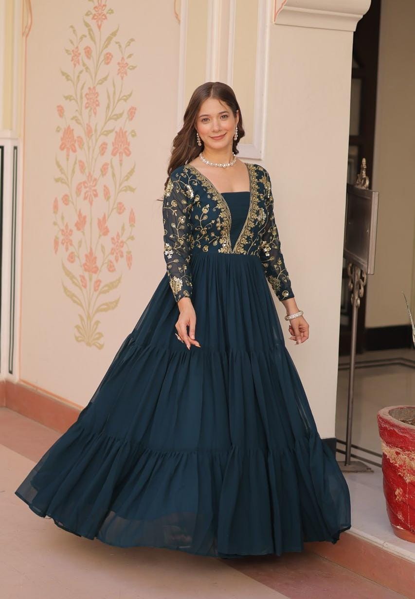 Elegant Maroon Embroidered Floor-Length Gown