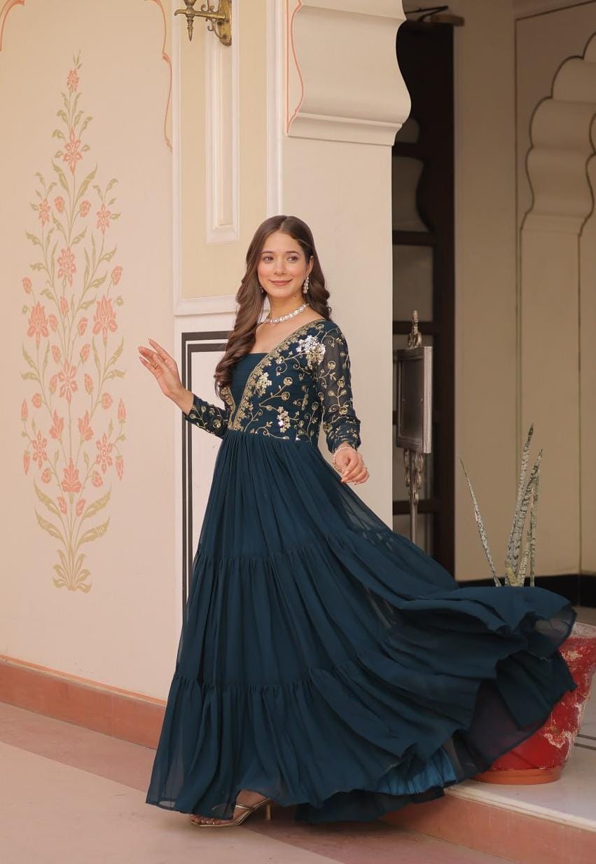 Elegant Maroon Embroidered Floor-Length Gown