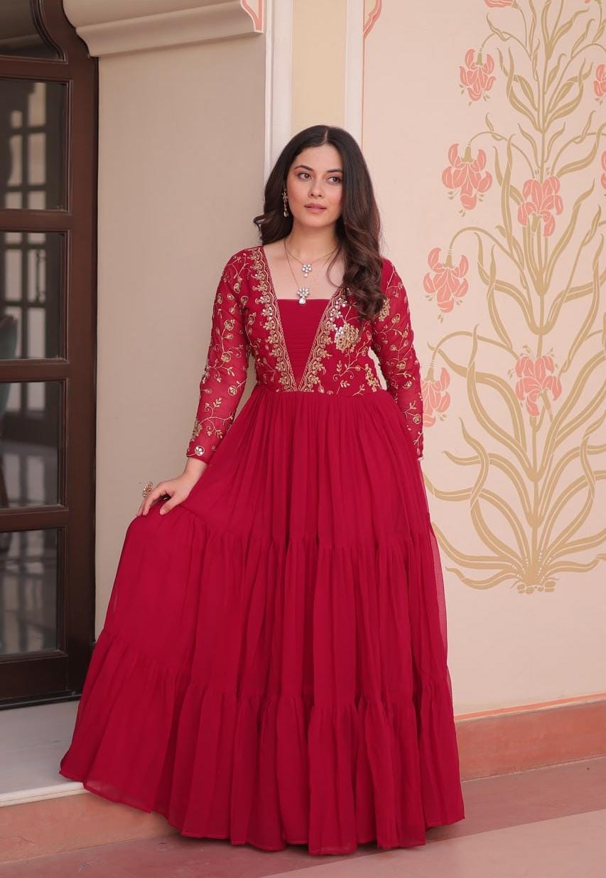 Elegant Maroon Embroidered Floor-Length Gown