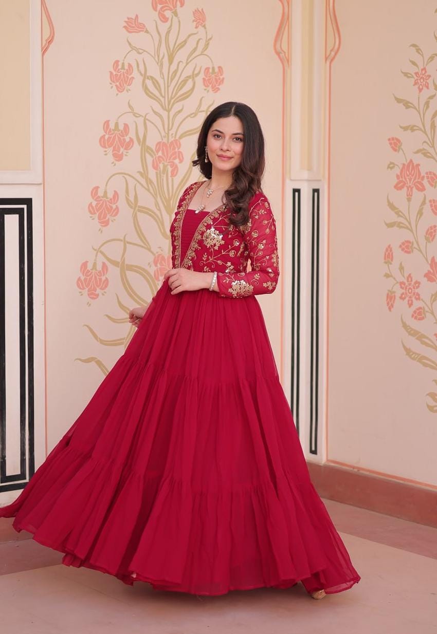 Elegant Maroon Embroidered Floor-Length Gown