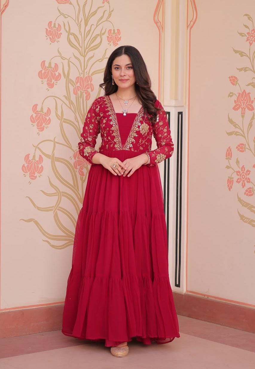 Elegant Maroon Embroidered Floor-Length Gown
