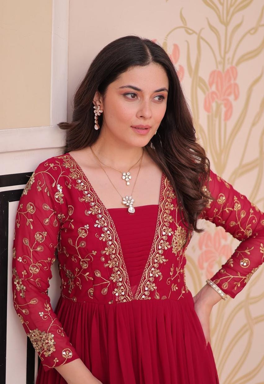 Elegant Maroon Embroidered Floor-Length Gown