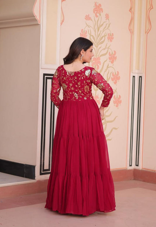 Elegant Maroon Embroidered Floor-Length Gown