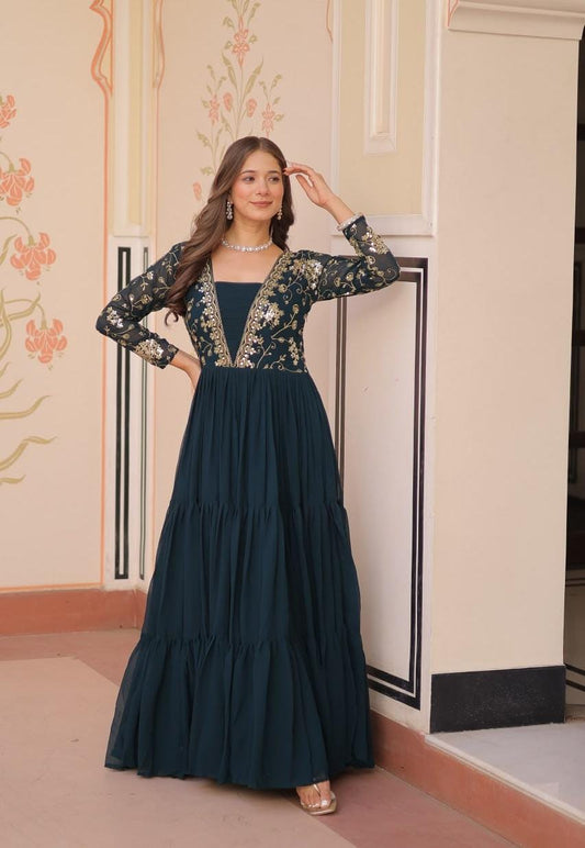Elegant Maroon Embroidered Floor-Length Gown